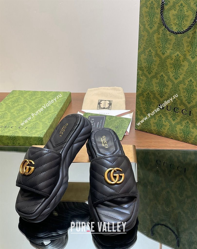 Gucci Chevron Leather Platform Slides Sandal 3.5cm with Double G Black 2024 (MD-240605060)