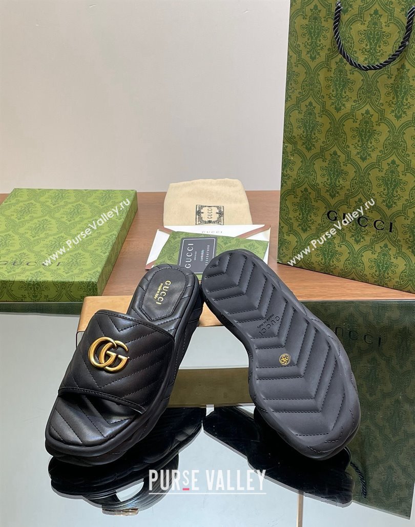 Gucci Chevron Leather Platform Slides Sandal 3.5cm with Double G Black 2024 (MD-240605060)