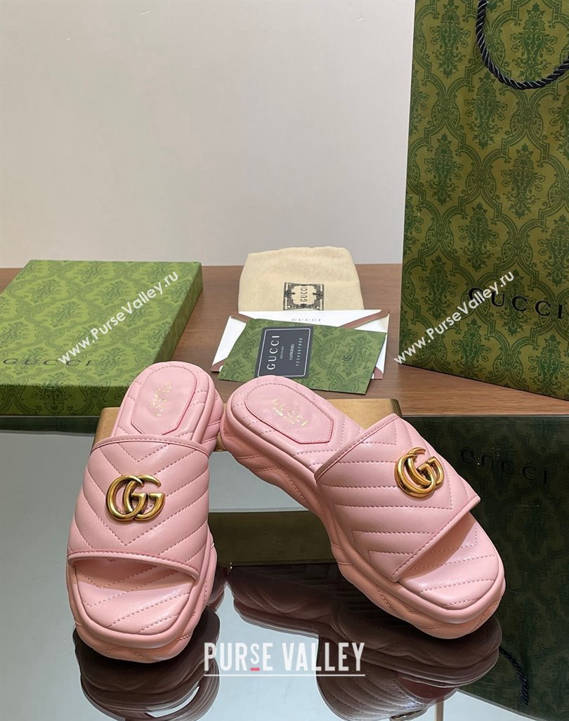 Gucci Chevron Leather Platform Slides Sandal 3.5cm with Double G Light Pink 2024 (MD-240605062)