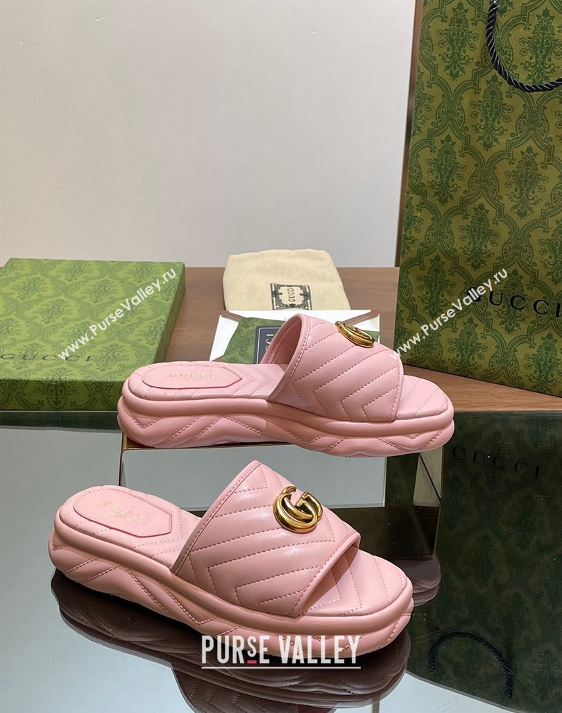 Gucci Chevron Leather Platform Slides Sandal 3.5cm with Double G Light Pink 2024 (MD-240605062)