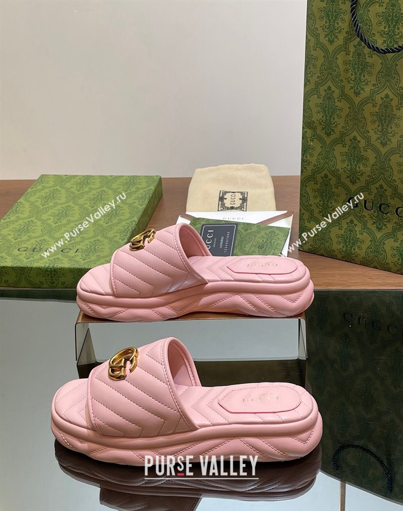 Gucci Chevron Leather Platform Slides Sandal 3.5cm with Double G Light Pink 2024 (MD-240605062)