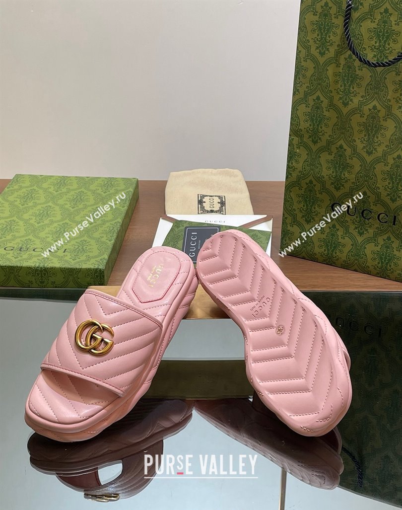 Gucci Chevron Leather Platform Slides Sandal 3.5cm with Double G Light Pink 2024 (MD-240605062)