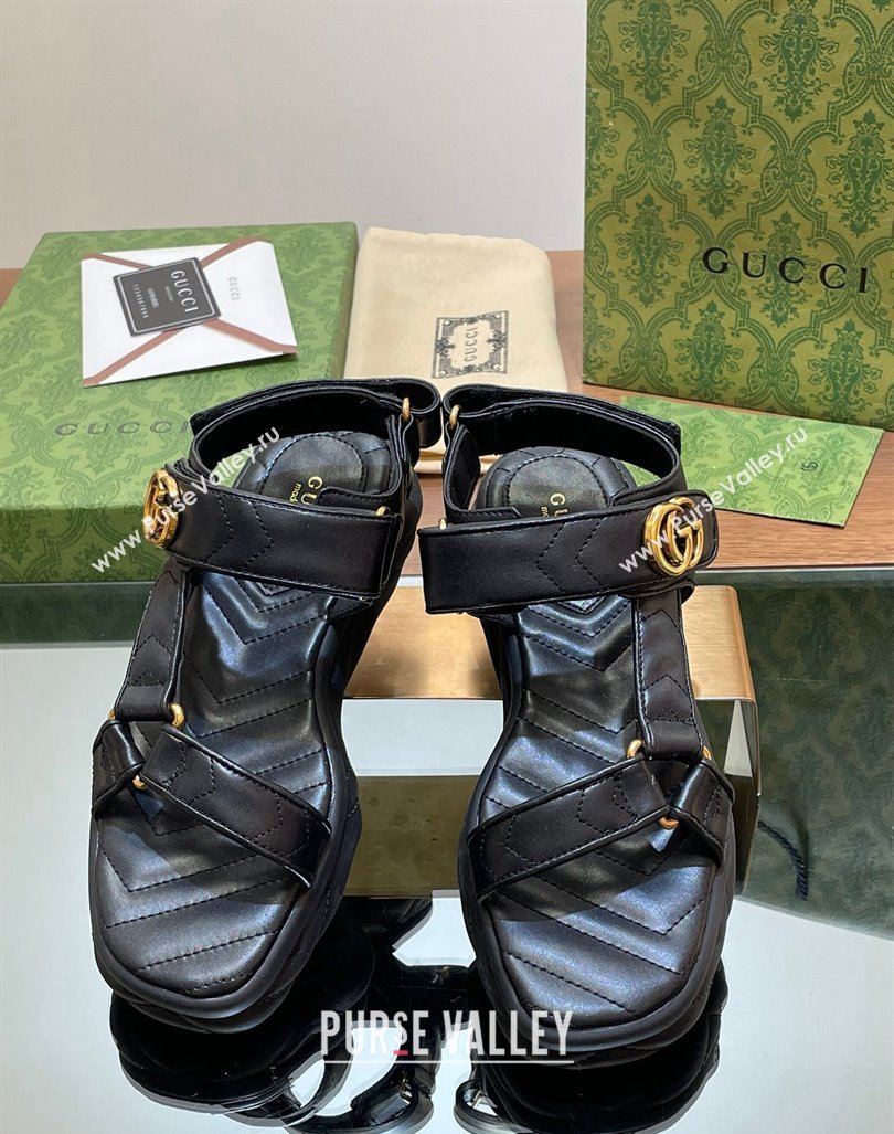 Gucci Chevron Leather Platform Sandals 3.5cm with Double G Black 2024 0605 (MD-240605063)