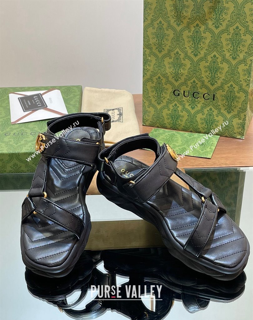 Gucci Chevron Leather Platform Sandals 3.5cm with Double G Black 2024 0605 (MD-240605063)