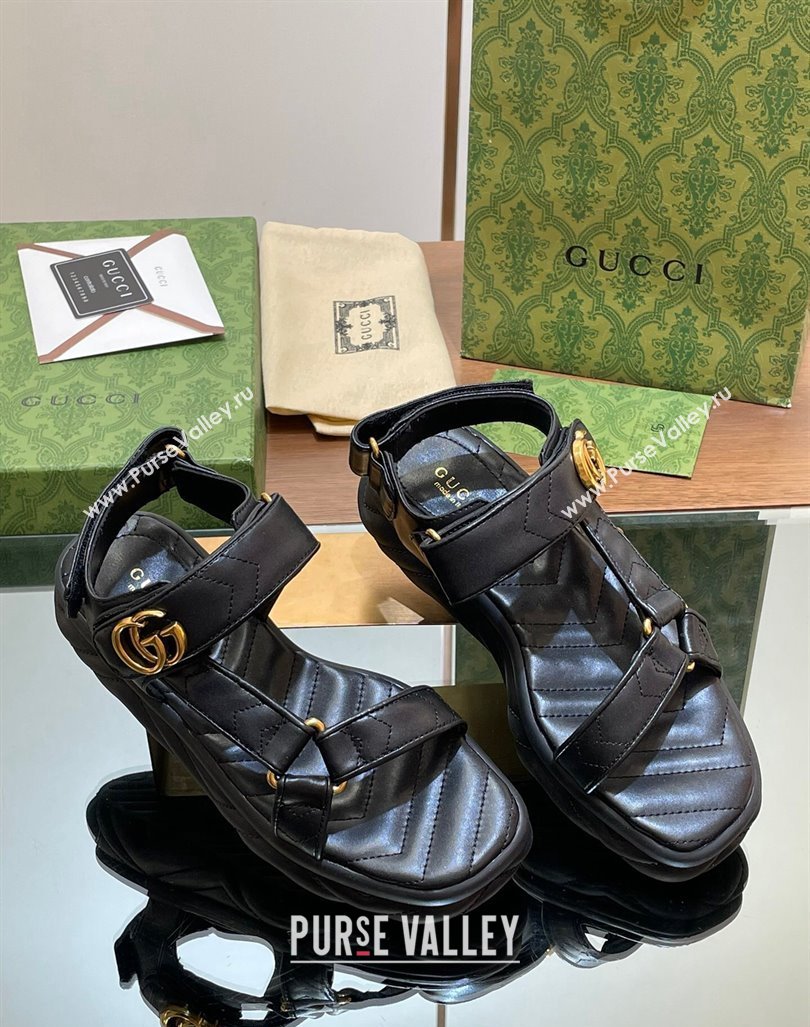 Gucci Chevron Leather Platform Sandals 3.5cm with Double G Black 2024 0605 (MD-240605063)