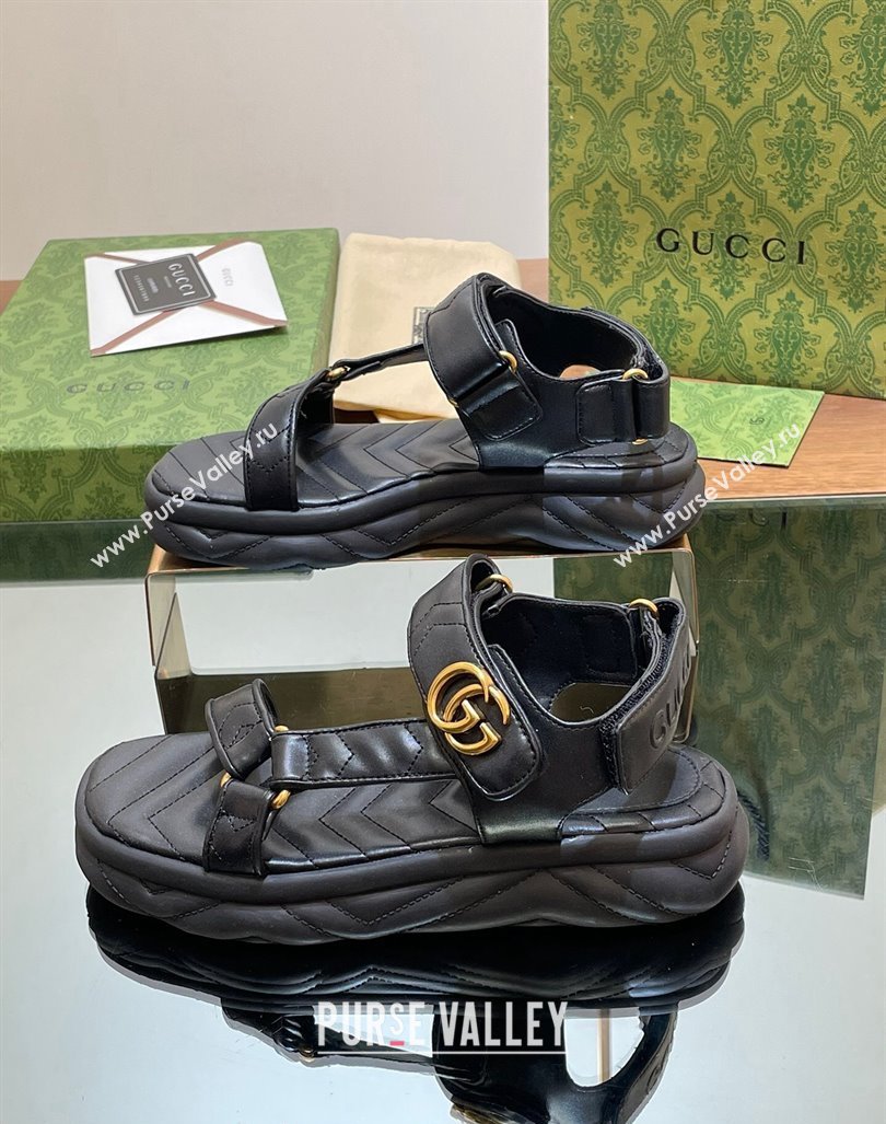 Gucci Chevron Leather Platform Sandals 3.5cm with Double G Black 2024 0605 (MD-240605063)