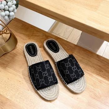 Gucci GG Denim Espadrille Flat Slides Sandal Black 2024 0605 (MD-240605068)