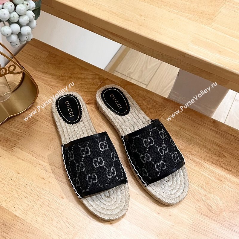 Gucci GG Denim Espadrille Flat Slides Sandal Black 2024 0605 (MD-240605068)