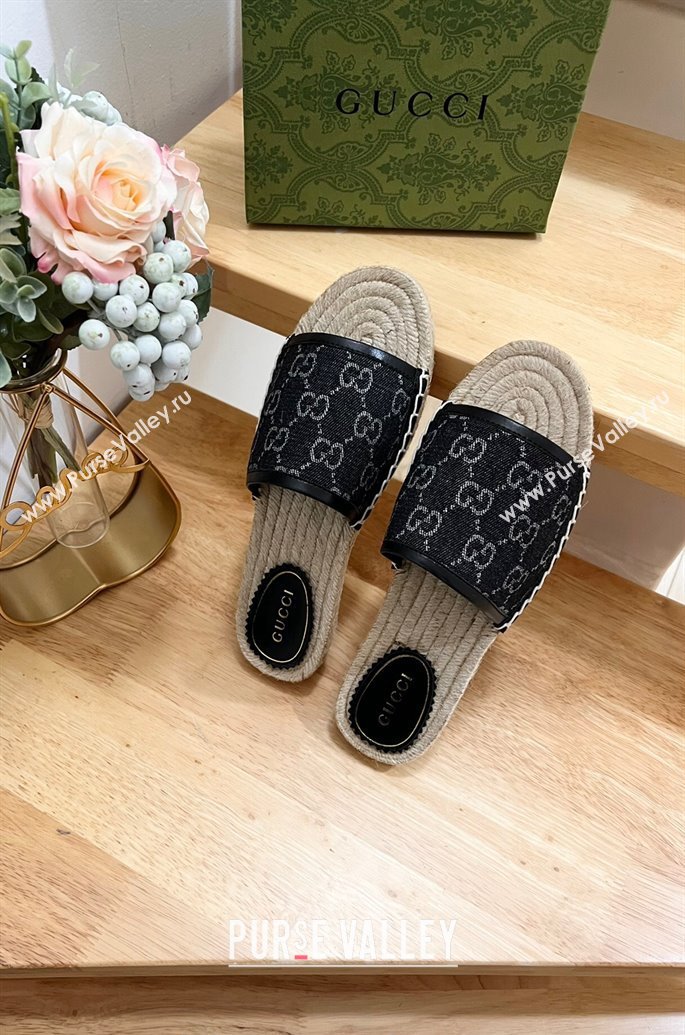 Gucci GG Denim Espadrille Flat Slides Sandal Black 2024 0605 (MD-240605068)