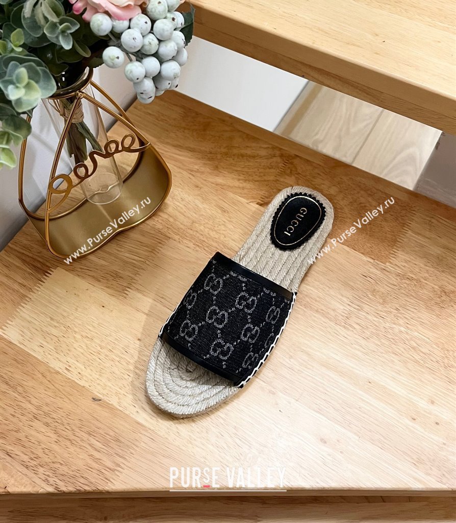 Gucci GG Denim Espadrille Flat Slides Sandal Black 2024 0605 (MD-240605068)