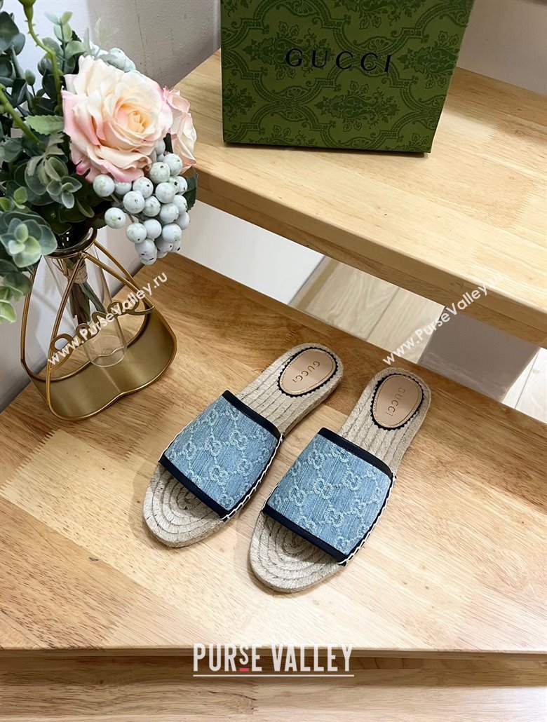 Gucci GG Denim Espadrille Flat Slides Sandal Light Blue 2024 0605 (MD-240605069)