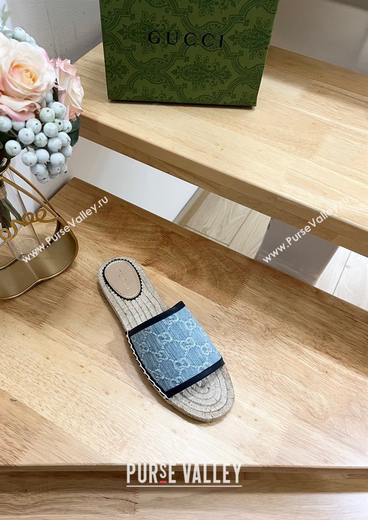 Gucci GG Denim Espadrille Flat Slides Sandal Light Blue 2024 0605 (MD-240605069)