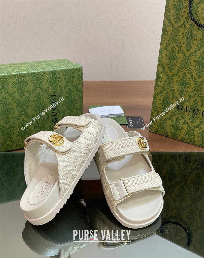 Gucci Straw Effect Flat Slides Sandal with Strap and GG White 2024 0605 (MD-240605024)