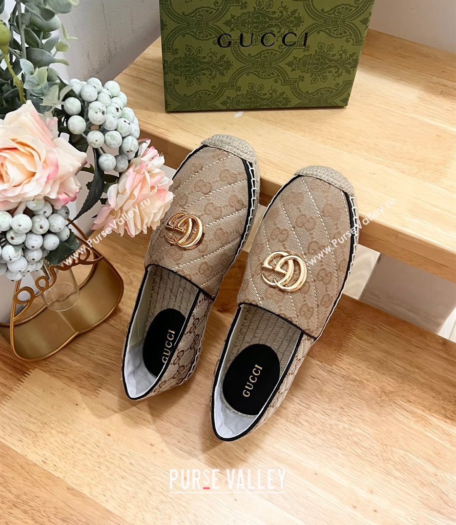 Gucci Quilted Canvas Espadrilles Flat with GG Beige/Black 2024 0604 (MD-240605071)