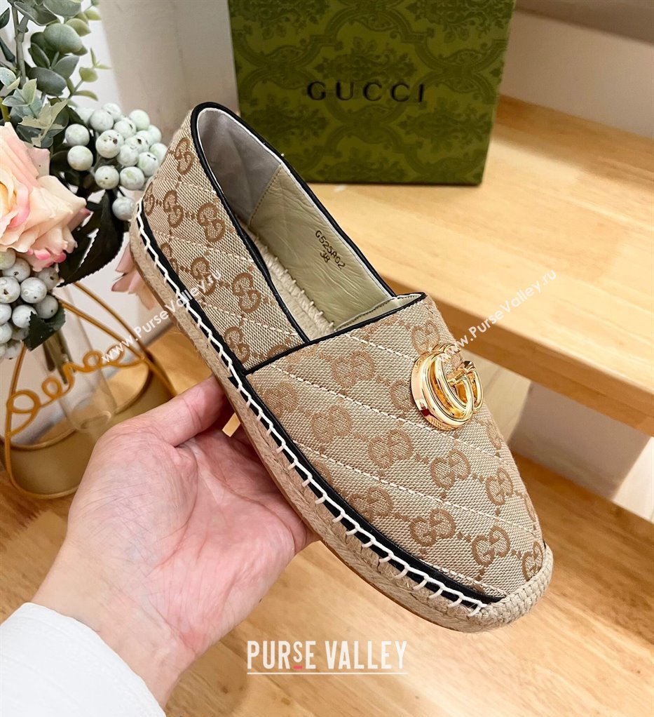 Gucci Quilted Canvas Espadrilles Flat with GG Beige/Black 2024 0604 (MD-240605071)