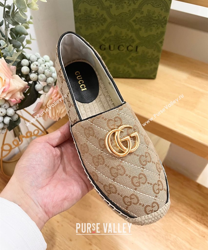 Gucci Quilted Canvas Espadrilles Flat with GG Beige/Black 2024 0604 (MD-240605071)