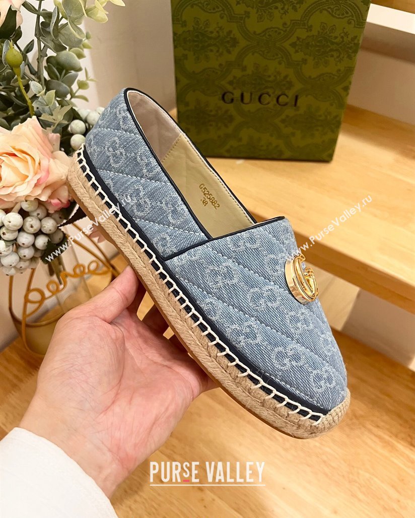 Gucci Quilted Denim Espadrilles Flat with GG Light Blue 2024 0604 (MD-240605073)