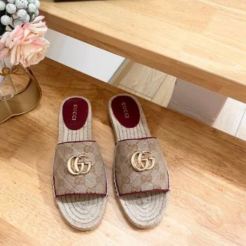 Gucci Quilted Canvas Espadrille Flat Slides Sandal with GG Beige/Red 2024 0604 (MD-240605074)