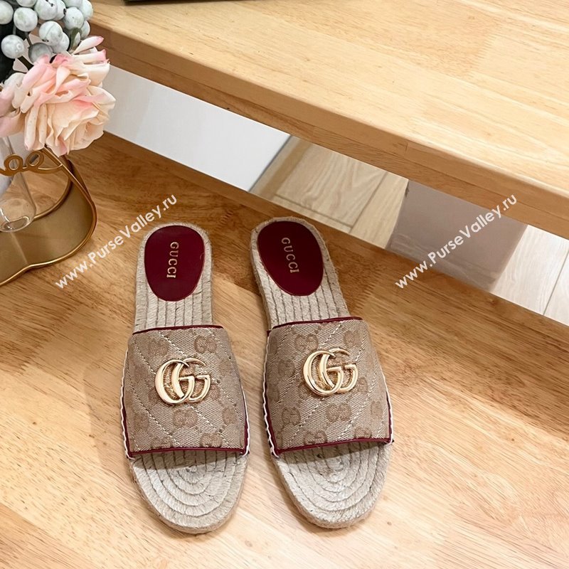 Gucci Quilted Canvas Espadrille Flat Slides Sandal with GG Beige/Red 2024 0604 (MD-240605074)