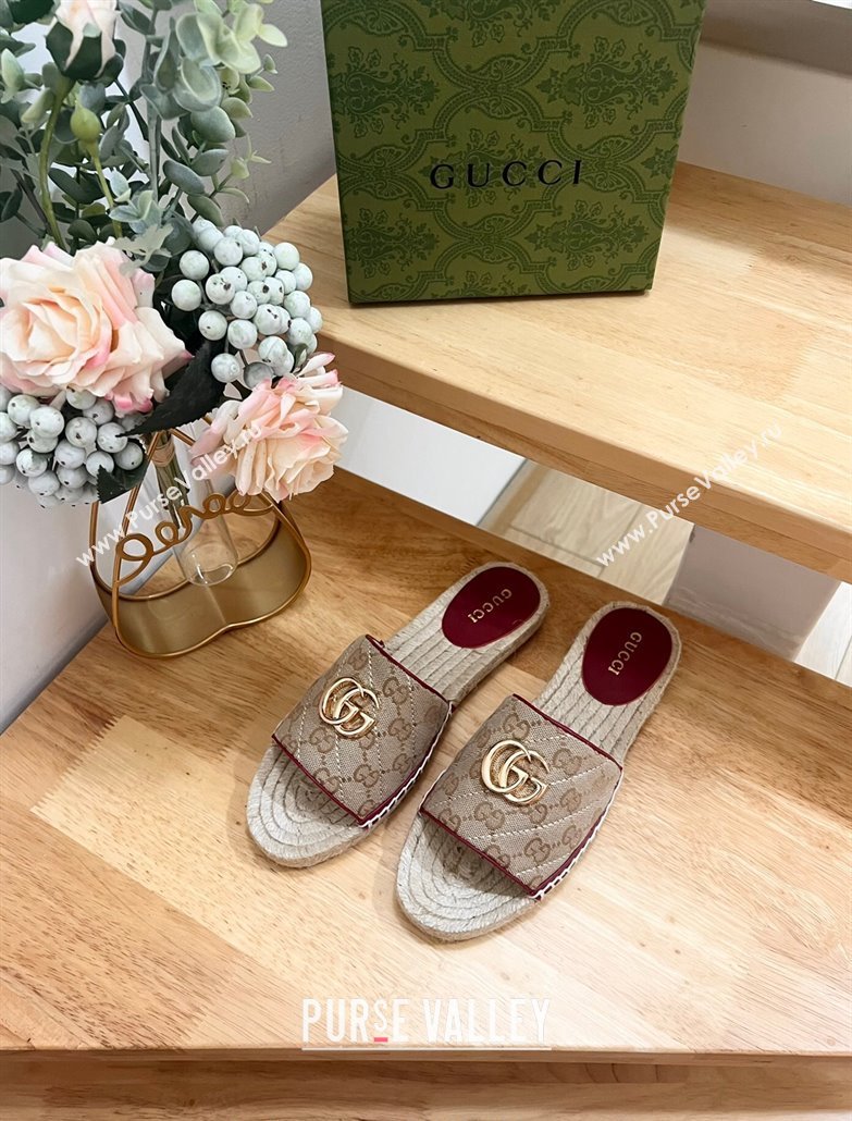 Gucci Quilted Canvas Espadrille Flat Slides Sandal with GG Beige/Red 2024 0604 (MD-240605074)