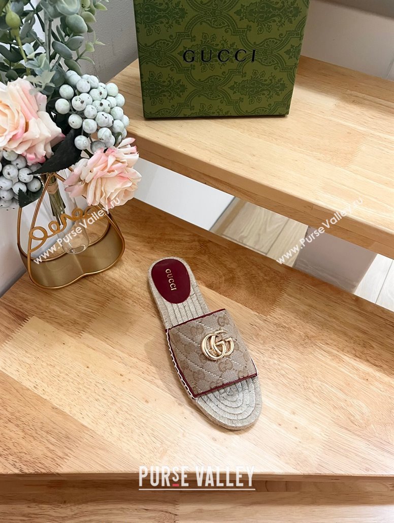 Gucci Quilted Canvas Espadrille Flat Slides Sandal with GG Beige/Red 2024 0604 (MD-240605074)