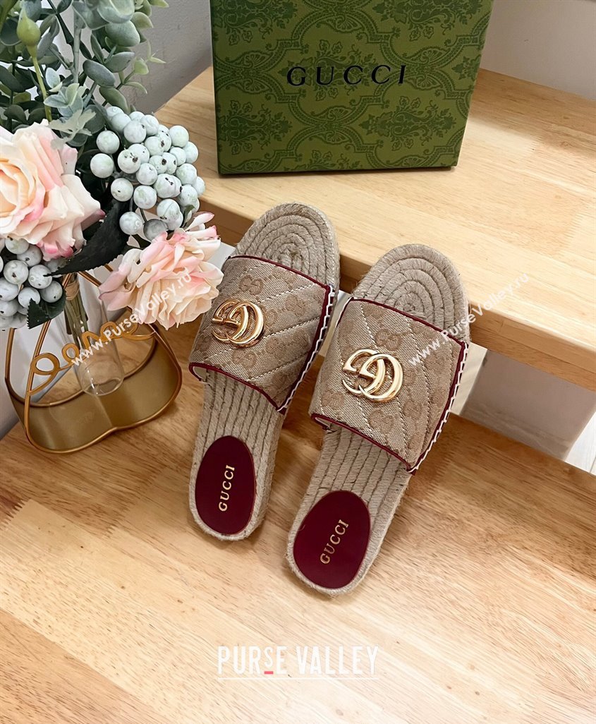 Gucci Quilted Canvas Espadrille Flat Slides Sandal with GG Beige/Red 2024 0604 (MD-240605074)