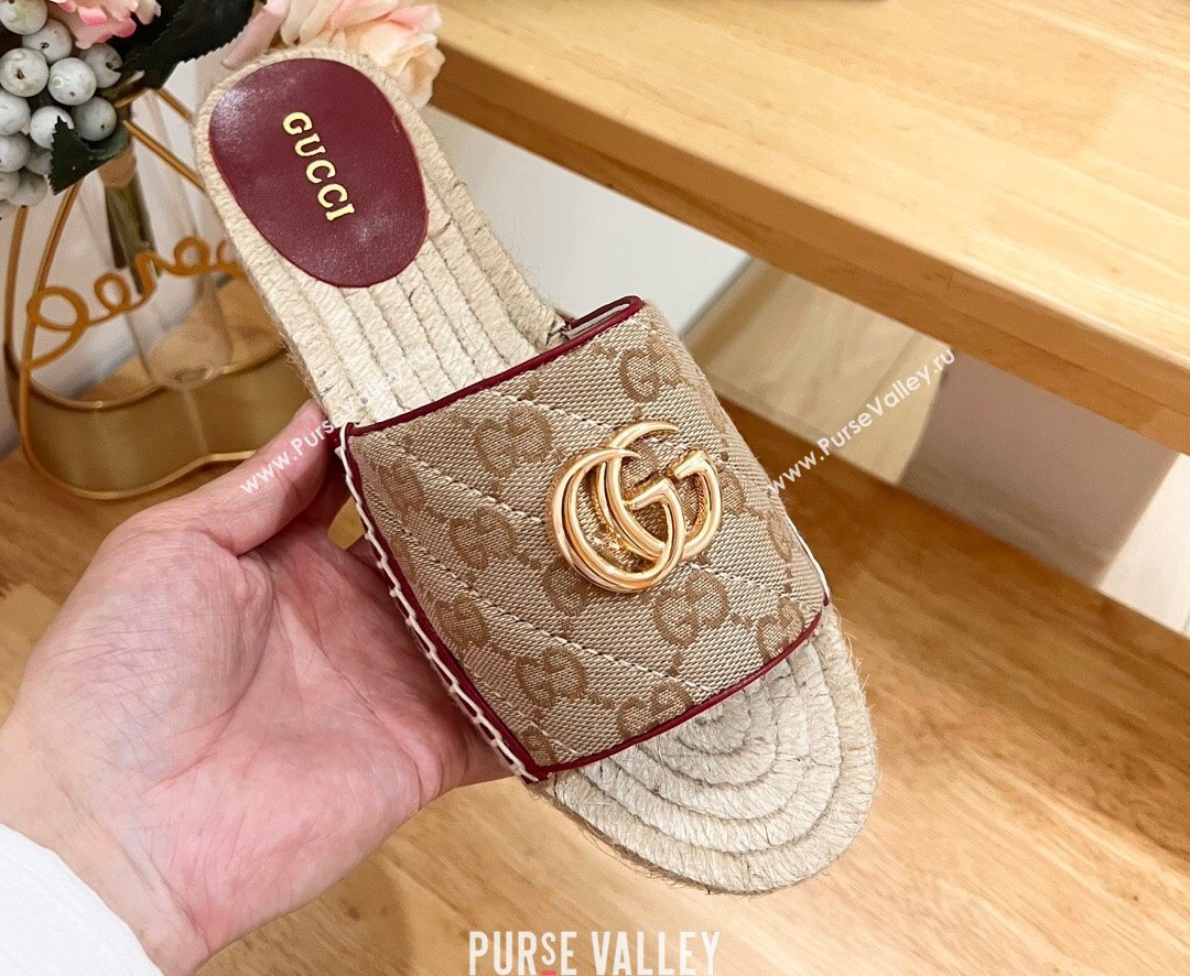 Gucci Quilted Canvas Espadrille Flat Slides Sandal with GG Beige/Red 2024 0604 (MD-240605074)