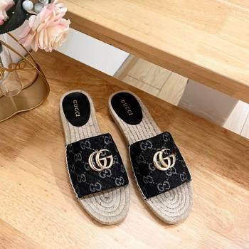 Gucci Quilted Denim Espadrille Flat Slides Sandal with GG Black 2024 0604 (MD-240605075)