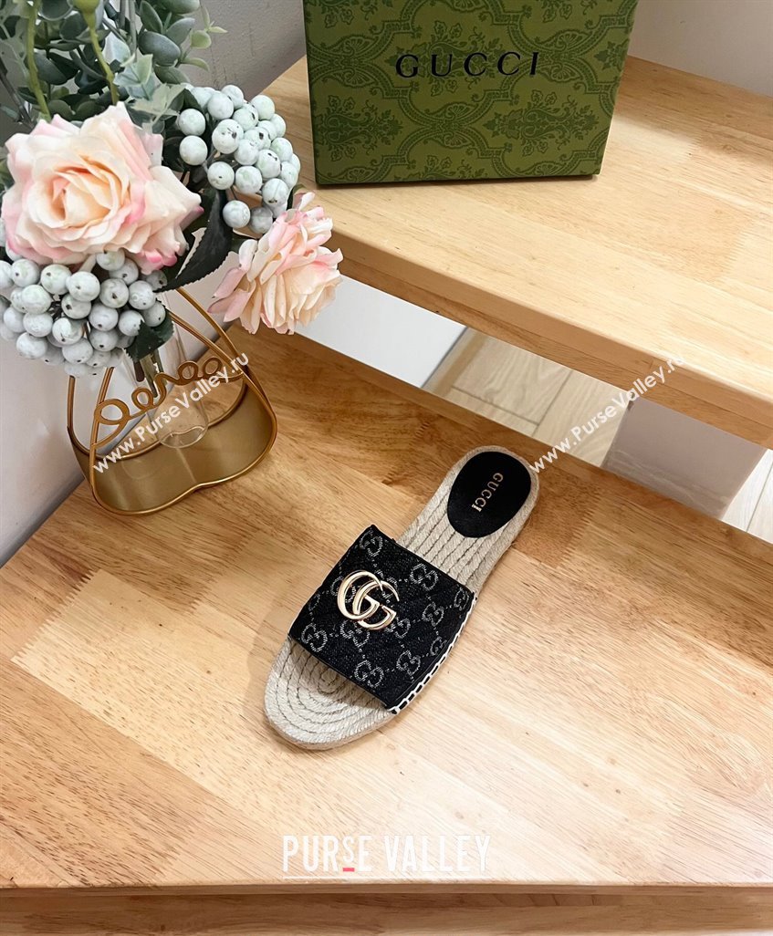 Gucci Quilted Denim Espadrille Flat Slides Sandal with GG Black 2024 0604 (MD-240605075)