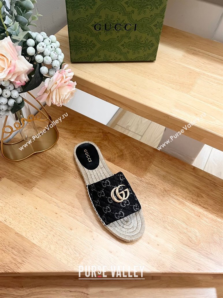 Gucci Quilted Denim Espadrille Flat Slides Sandal with GG Black 2024 0604 (MD-240605075)