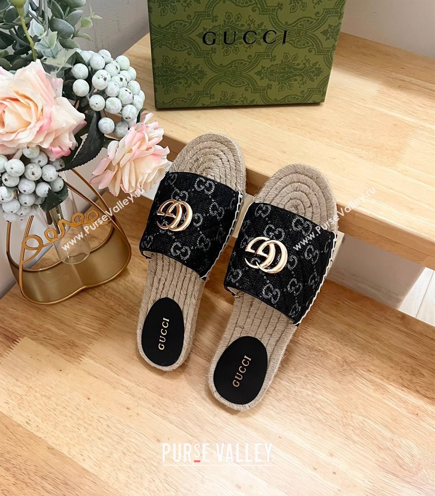 Gucci Quilted Denim Espadrille Flat Slides Sandal with GG Black 2024 0604 (MD-240605075)