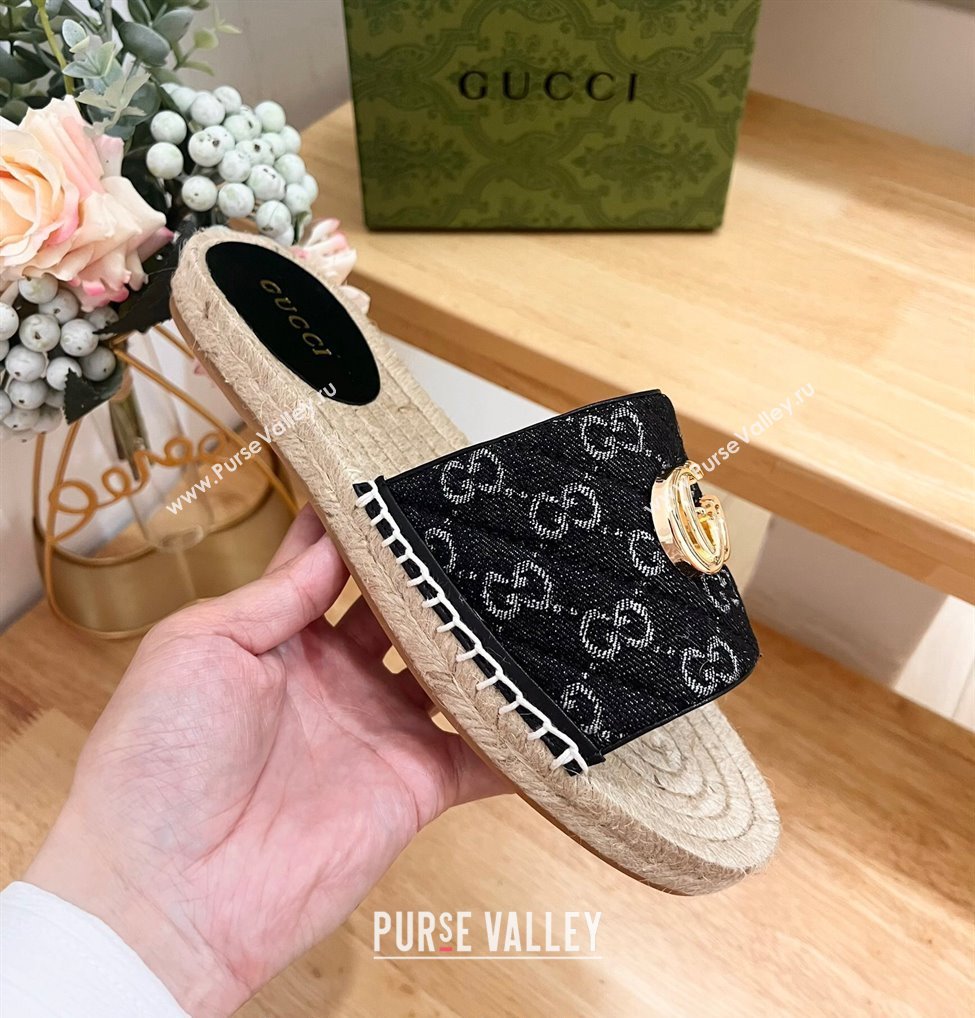 Gucci Quilted Denim Espadrille Flat Slides Sandal with GG Black 2024 0604 (MD-240605075)