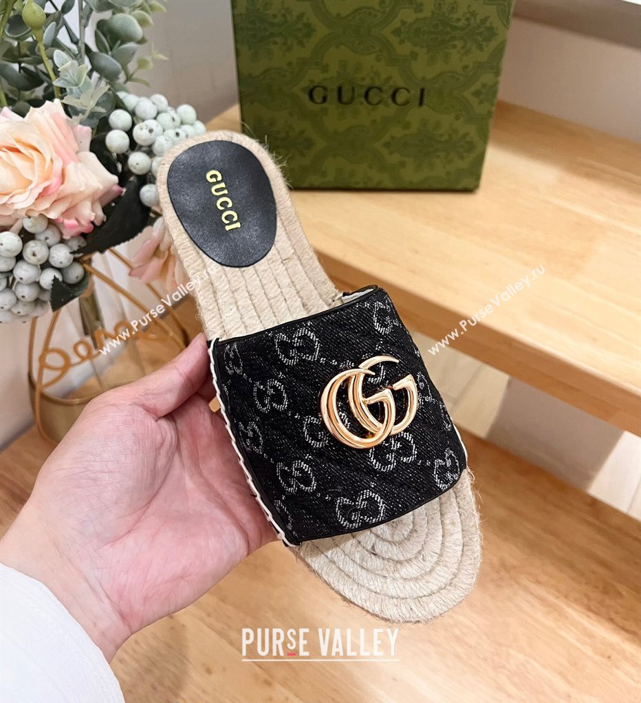 Gucci Quilted Denim Espadrille Flat Slides Sandal with GG Black 2024 0604 (MD-240605075)