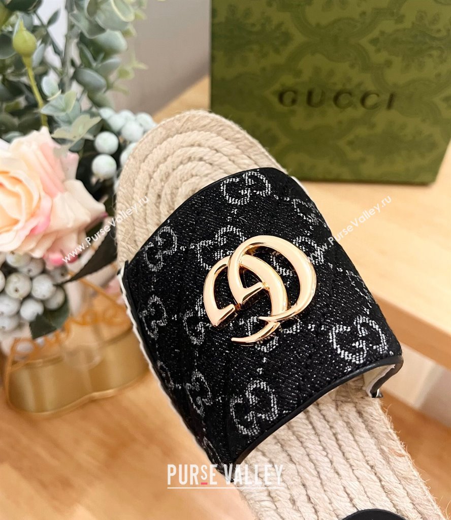 Gucci Quilted Denim Espadrille Flat Slides Sandal with GG Black 2024 0604 (MD-240605075)