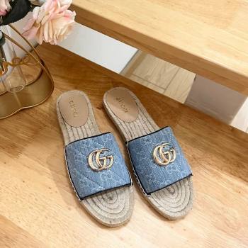 Gucci Quilted Denim Espadrille Flat Slides Sandal with GG Light Blue 2024 0604 (MD-240605076)