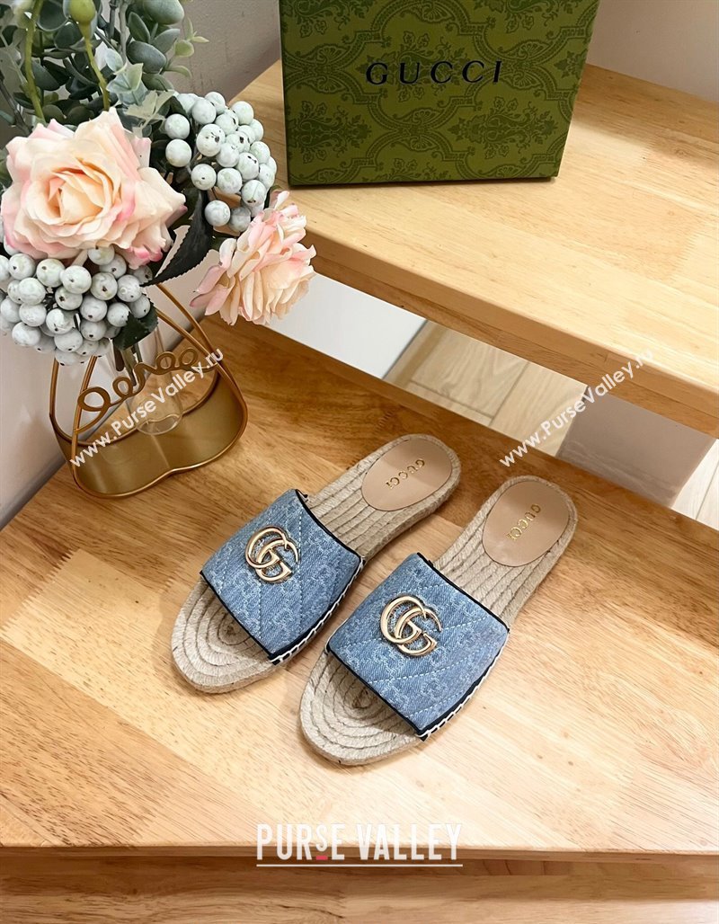 Gucci Quilted Denim Espadrille Flat Slides Sandal with GG Light Blue 2024 0604 (MD-240605076)