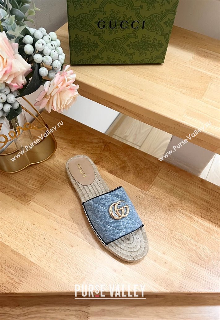 Gucci Quilted Denim Espadrille Flat Slides Sandal with GG Light Blue 2024 0604 (MD-240605076)