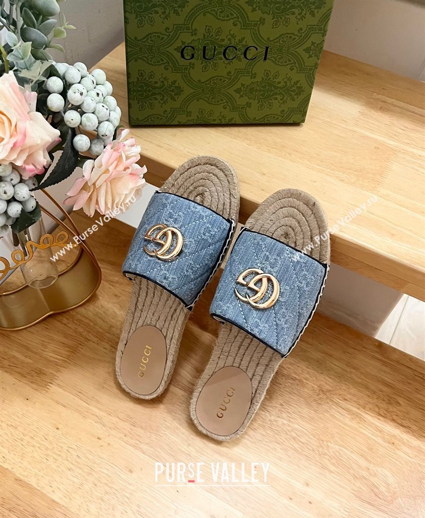 Gucci Quilted Denim Espadrille Flat Slides Sandal with GG Light Blue 2024 0604 (MD-240605076)