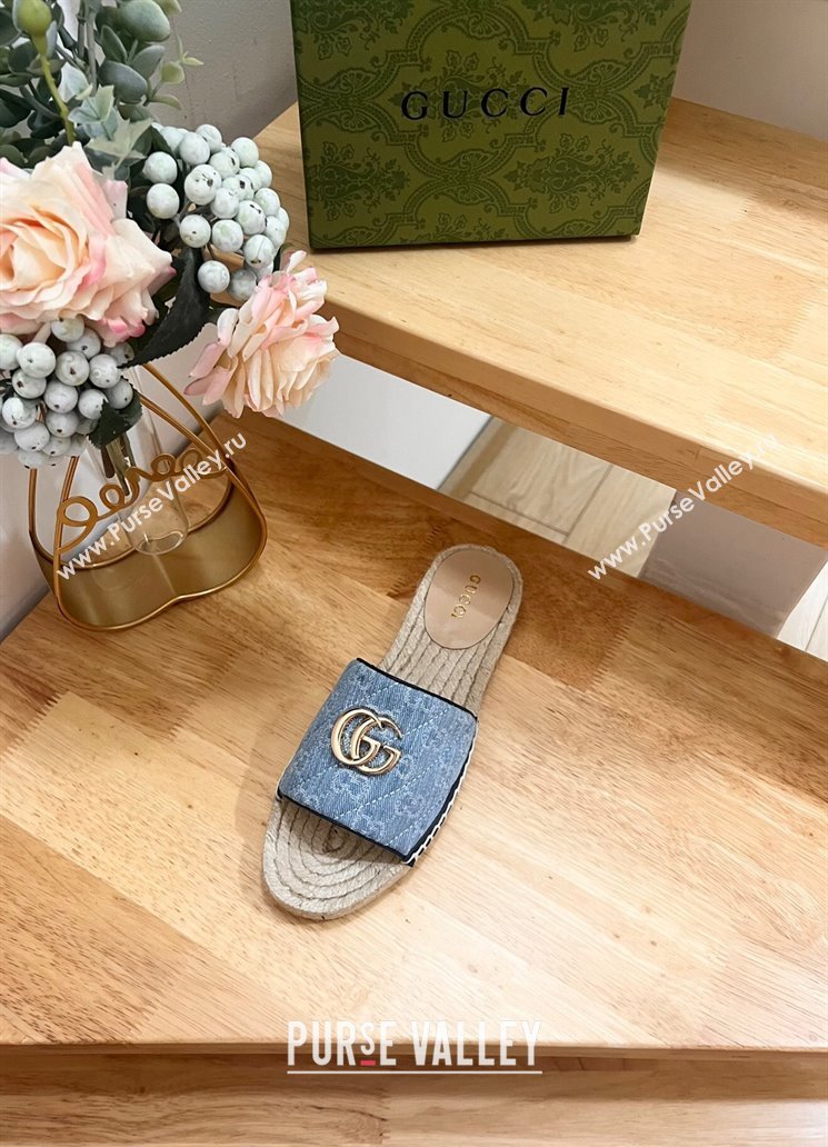 Gucci Quilted Denim Espadrille Flat Slides Sandal with GG Light Blue 2024 0604 (MD-240605076)