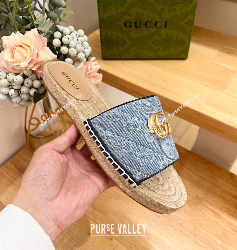 Gucci Quilted Denim Espadrille Flat Slides Sandal with GG Light Blue 2024 0604 (MD-240605076)