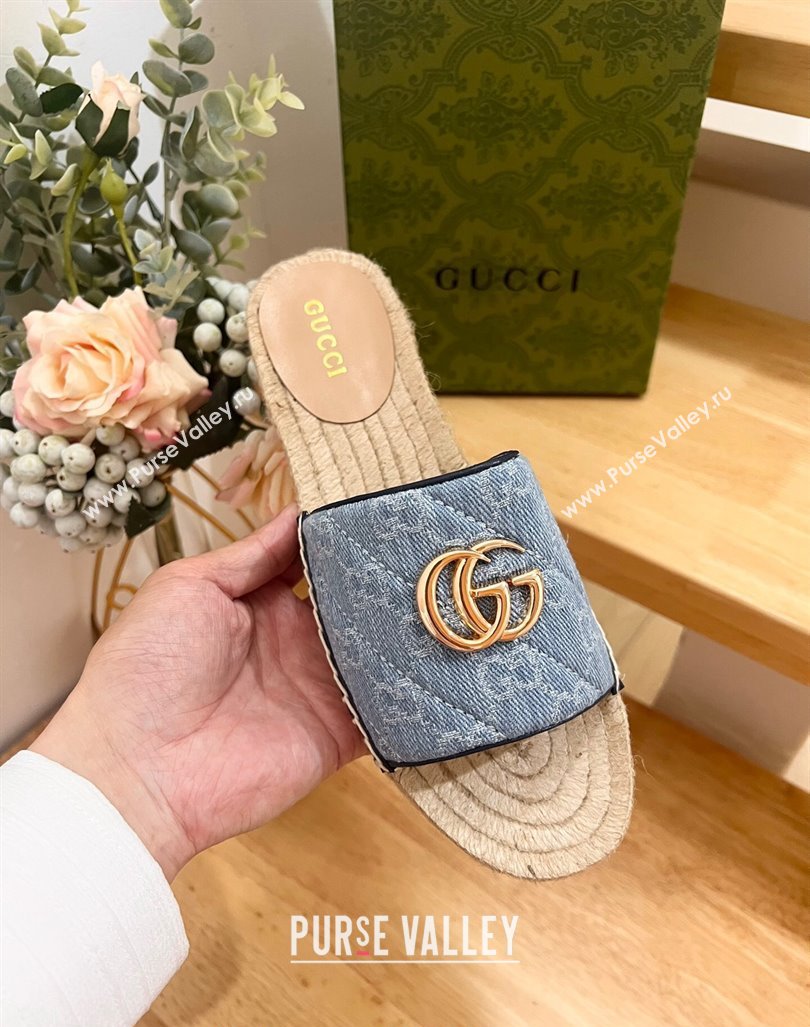 Gucci Quilted Denim Espadrille Flat Slides Sandal with GG Light Blue 2024 0604 (MD-240605076)