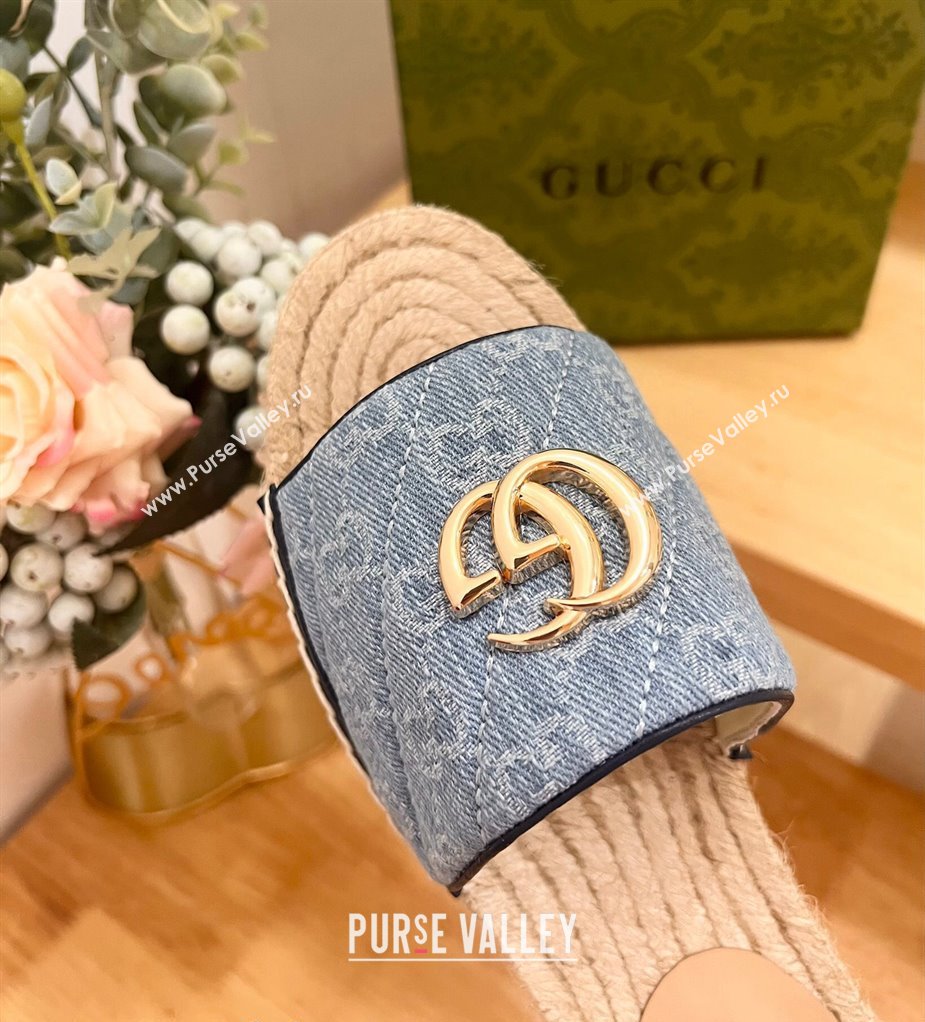 Gucci Quilted Denim Espadrille Flat Slides Sandal with GG Light Blue 2024 0604 (MD-240605076)