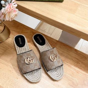Gucci Quilted Canvas Espadrille Flat Slides Sandal with GG Beige/Black 2024 0604 (MD-240605077)