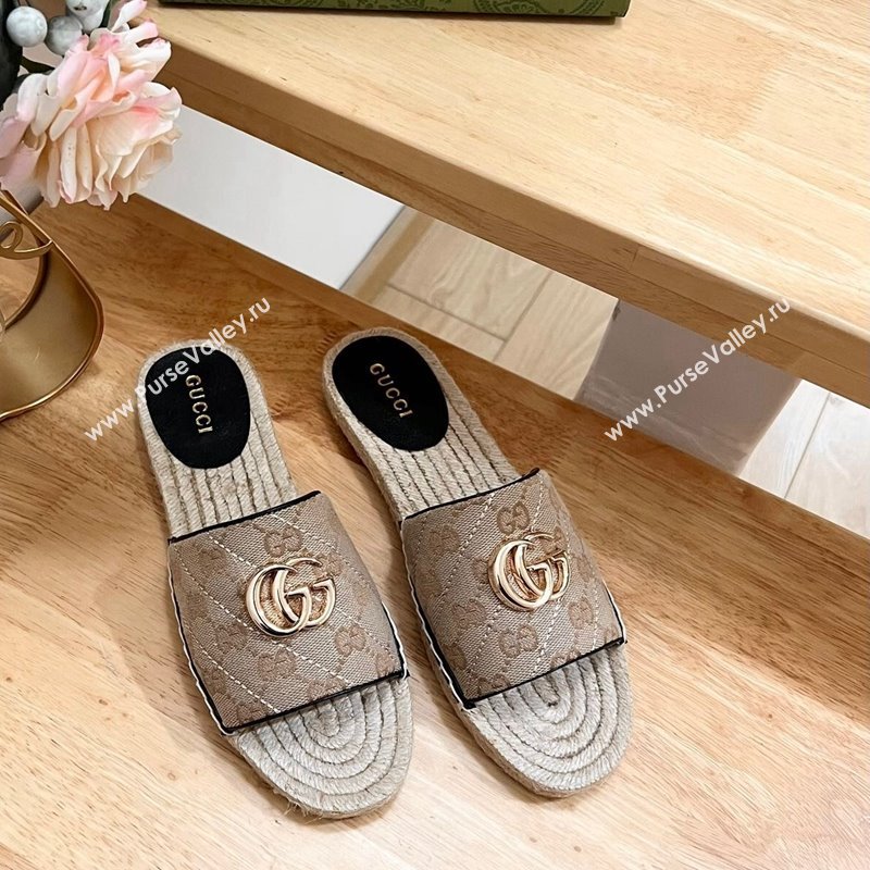 Gucci Quilted Canvas Espadrille Flat Slides Sandal with GG Beige/Black 2024 0604 (MD-240605077)