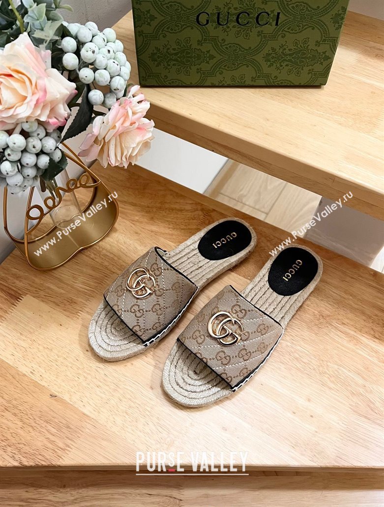 Gucci Quilted Canvas Espadrille Flat Slides Sandal with GG Beige/Black 2024 0604 (MD-240605077)