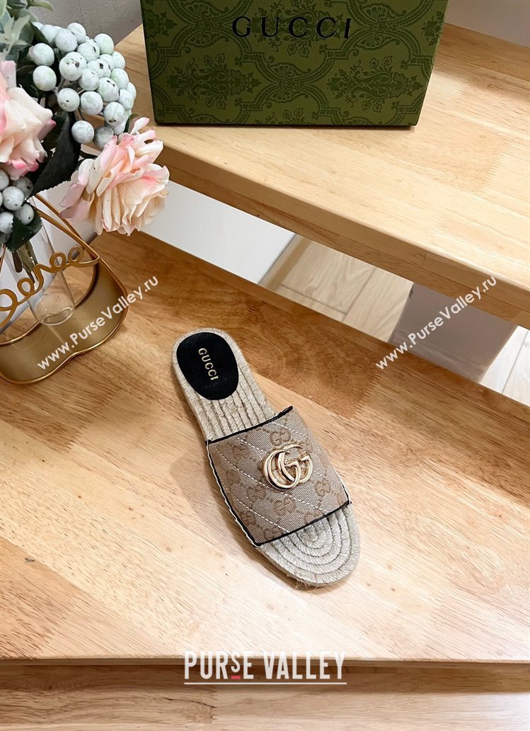 Gucci Quilted Canvas Espadrille Flat Slides Sandal with GG Beige/Black 2024 0604 (MD-240605077)