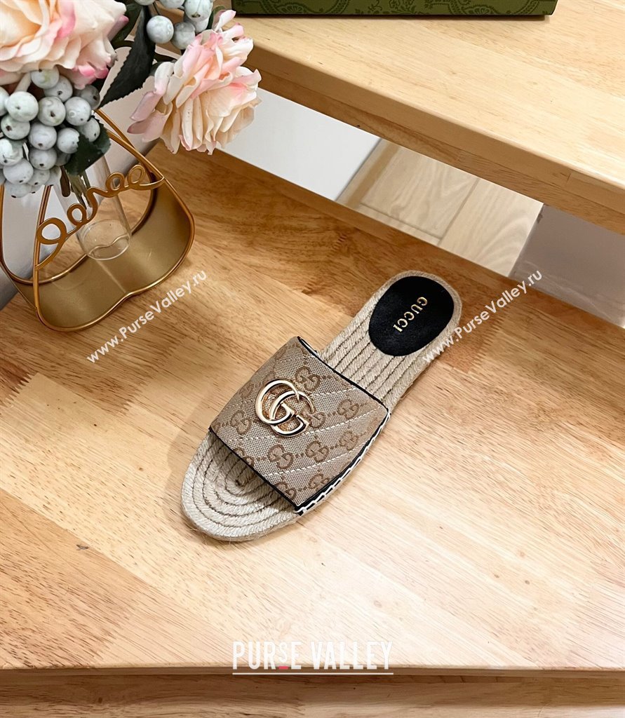 Gucci Quilted Canvas Espadrille Flat Slides Sandal with GG Beige/Black 2024 0604 (MD-240605077)