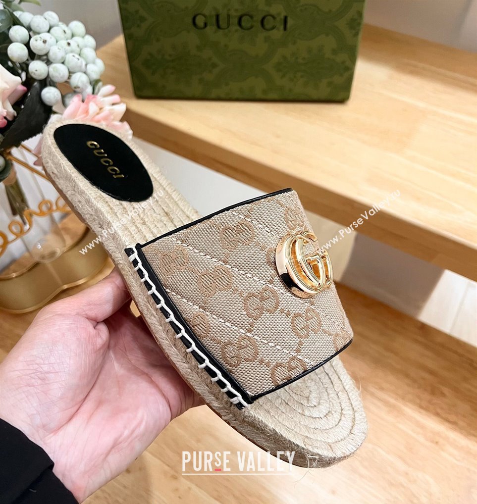 Gucci Quilted Canvas Espadrille Flat Slides Sandal with GG Beige/Black 2024 0604 (MD-240605077)