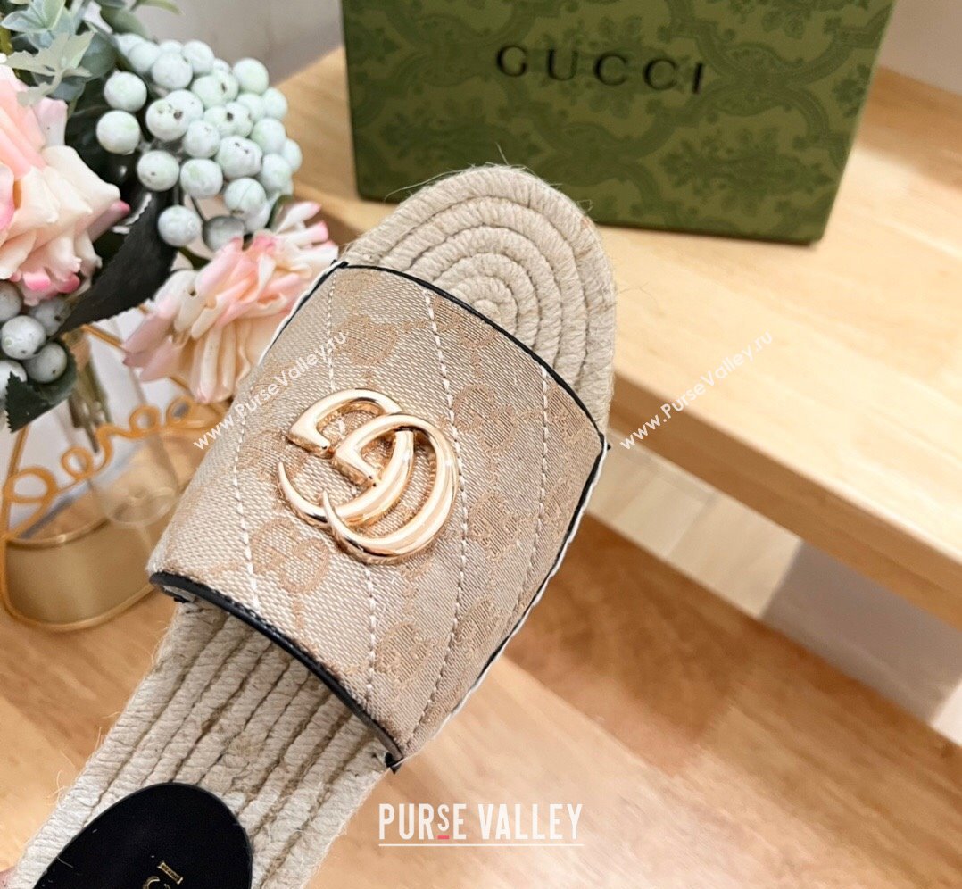 Gucci Quilted Canvas Espadrille Flat Slides Sandal with GG Beige/Black 2024 0604 (MD-240605077)