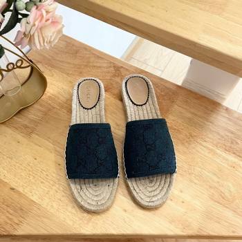 Gucci Strass GG Canvas Espadrille Flat Slides Sandal Dark Blue 2024 0604 (MD-240605081)